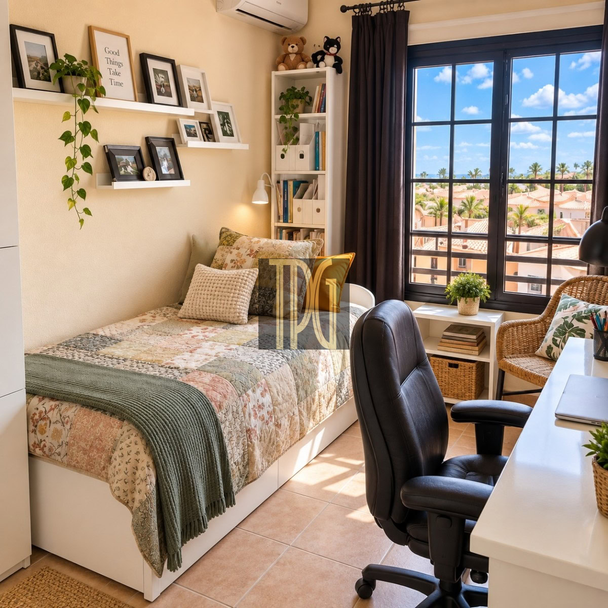 Unknown-8 Cozy bedroom and study nook with a patchwork bed, white shelves, and a large window showing palm trees outside.